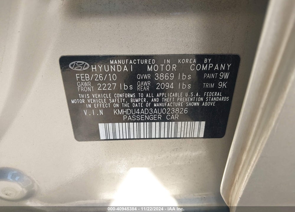 2010 HYUNDAI ELANTRA GLS VIN: KMHDU4AD3AU023826