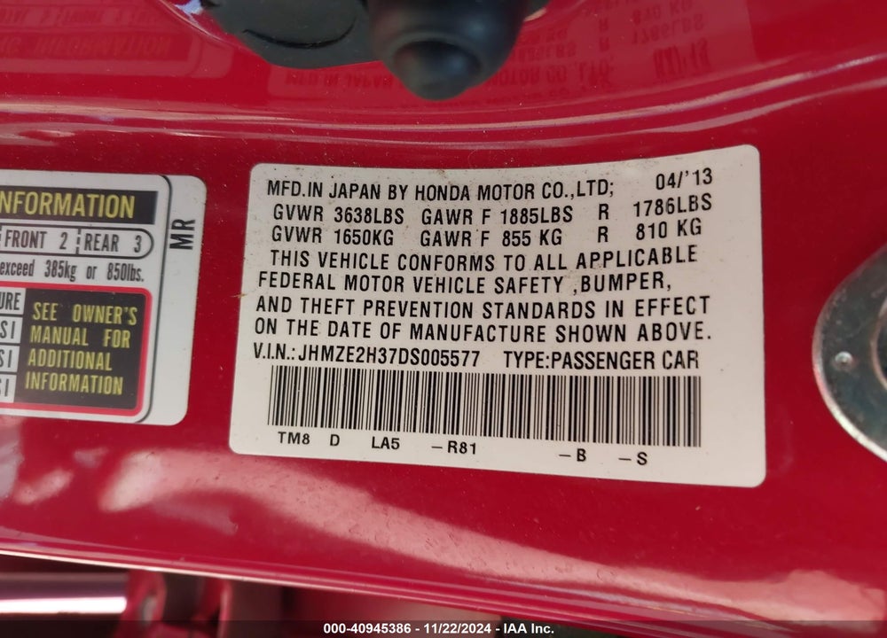 2013 HONDA INSIGHT VIN: JHMZE2H37DS005577