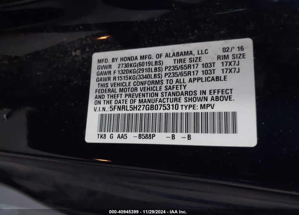 2016 HONDA ODYSSEY LX VIN: 5FNRL5H27GB075310