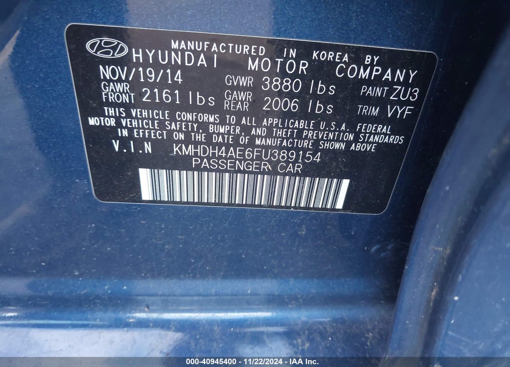 2015 HYUNDAI ELANTRA VIN: KMHDH4AE6FU389154