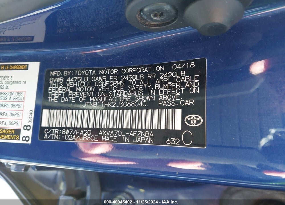 2018 TOYOTA CAMRY LE VIN: JTNB11HK2J3068040