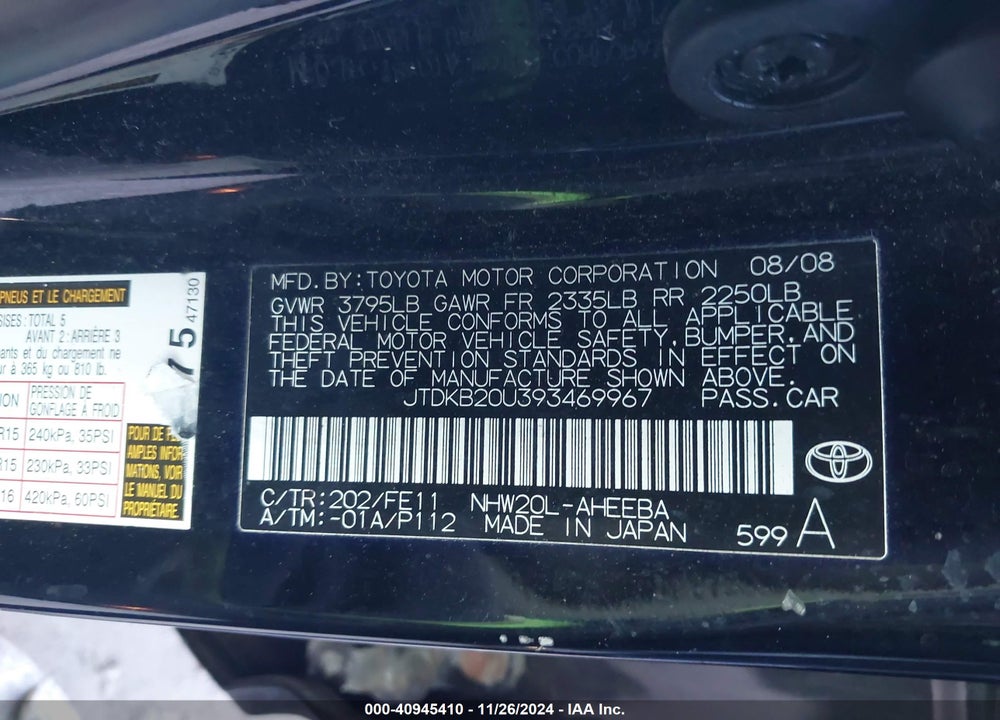 2009 TOYOTA PRIUS VIN: JTDKB20U393469967
