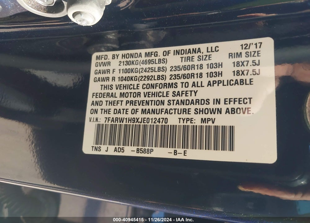2018 HONDA CR-V TOURING VIN: 7FARW1H9XJE012470