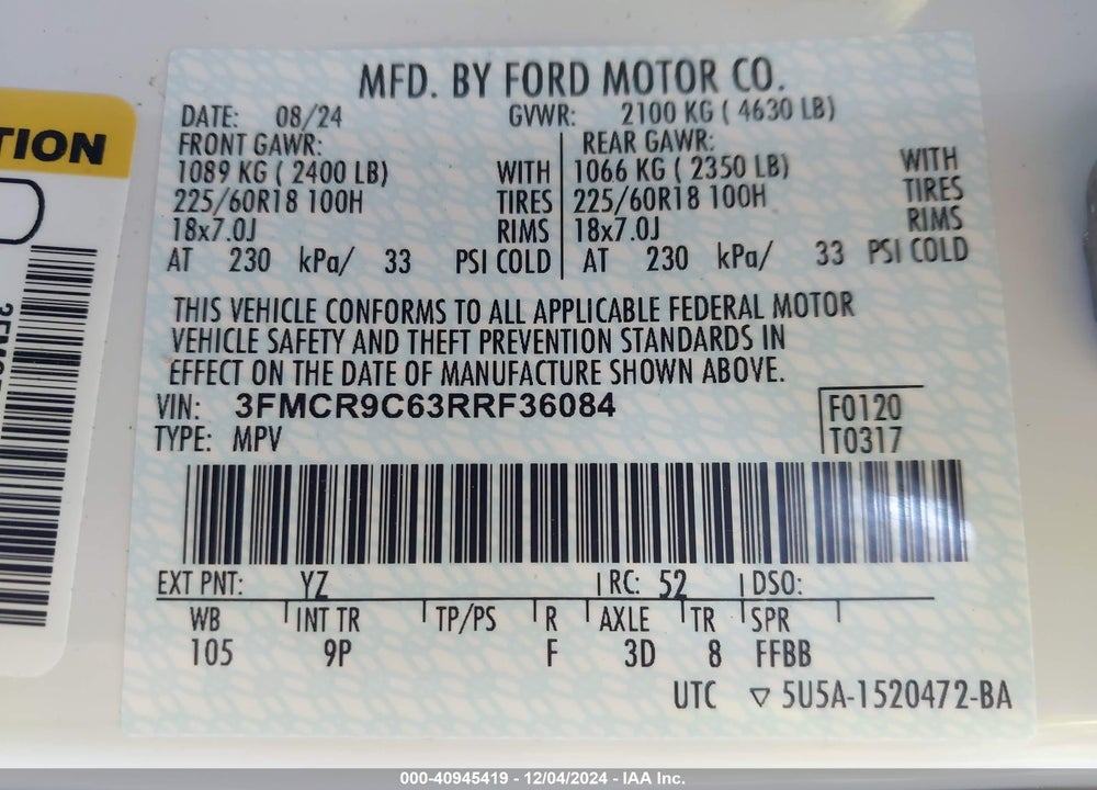 2024 FORD BRONCO SPORT OUTER BANKS VIN: 3FMCR9C63RRF36084