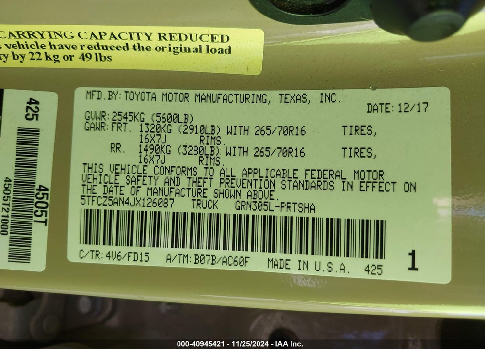 2018 TOYOTA TACOMA VIN: 5TFCZ5AN4JX126087