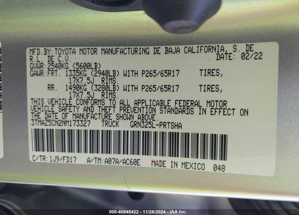 2022 TOYOTA TACOMA VIN: 3TMAZ5CN2NM173327