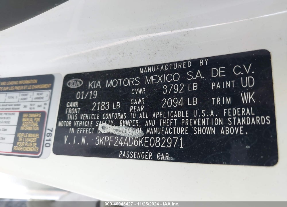 2019 KIA FORTE LXS VIN: 3KPF24AD6KE082971