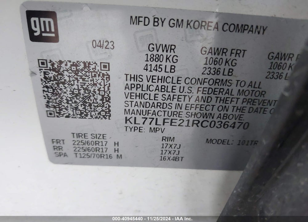 2024 CHEVROLET TRAX FWD SP VIN: KL77LFE21RC036470