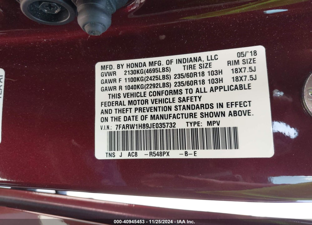 2018 HONDA CR-V EX-L/EX-L NAVI VIN: 7FARW1H89JE035732