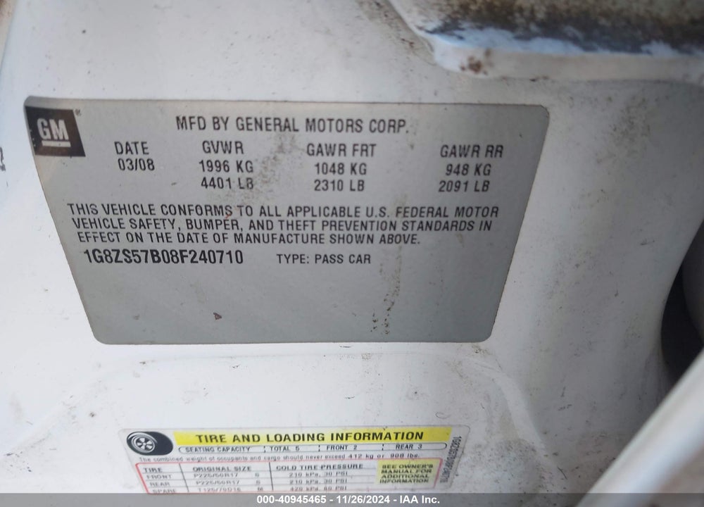 2008 SATURN AURA XE VIN: 1G8ZS57B08F240710