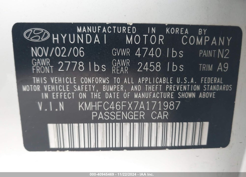 2007 HYUNDAI AZERA LIMITED/SE VIN: KMHFC46FX7A171987