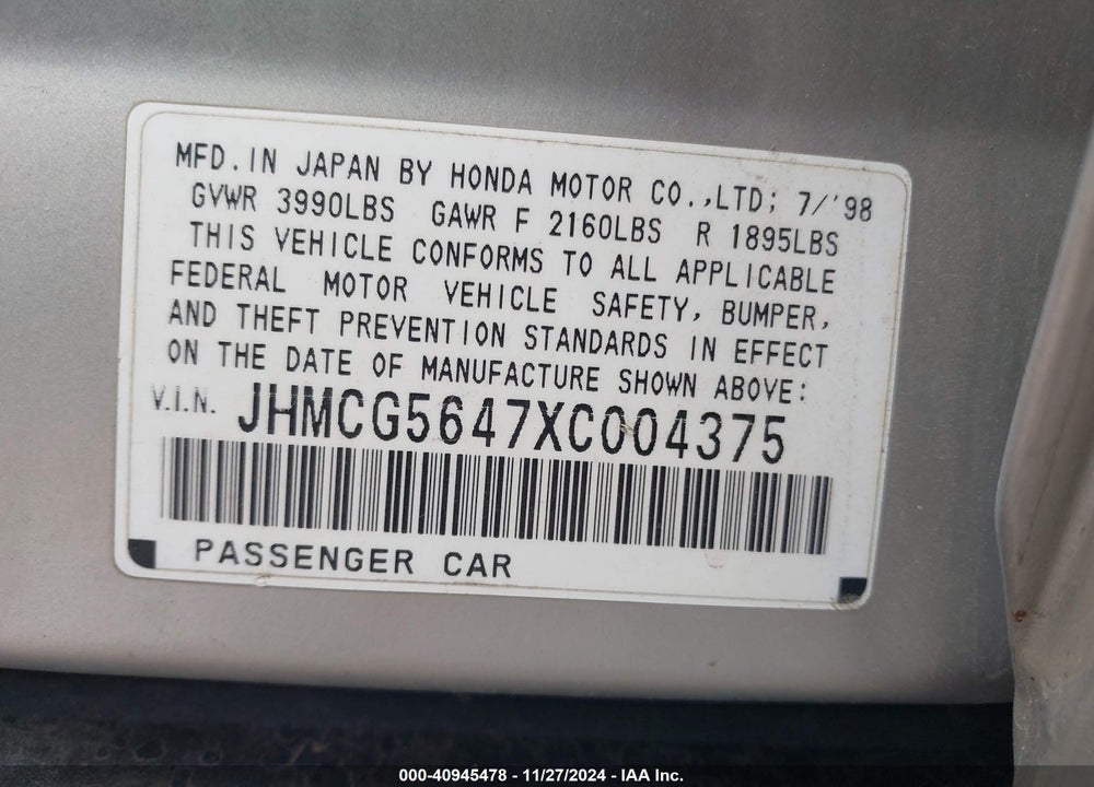 1999 HONDA ACCORD LX VIN: JHMCG5647XC004375