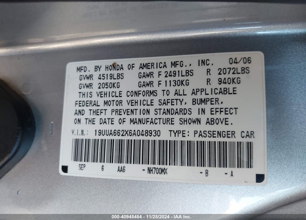 2006 ACURA TL VIN: 19UUA662X6A048930