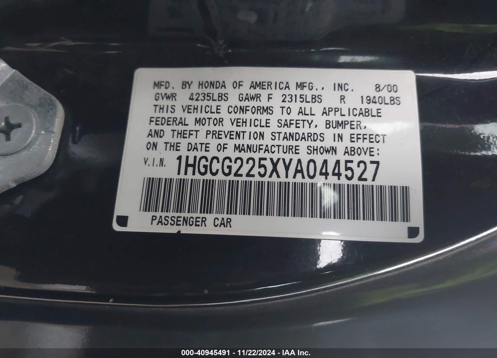 2000 HONDA ACCORD 3.0 EX VIN: 1HGCG225XYA044527