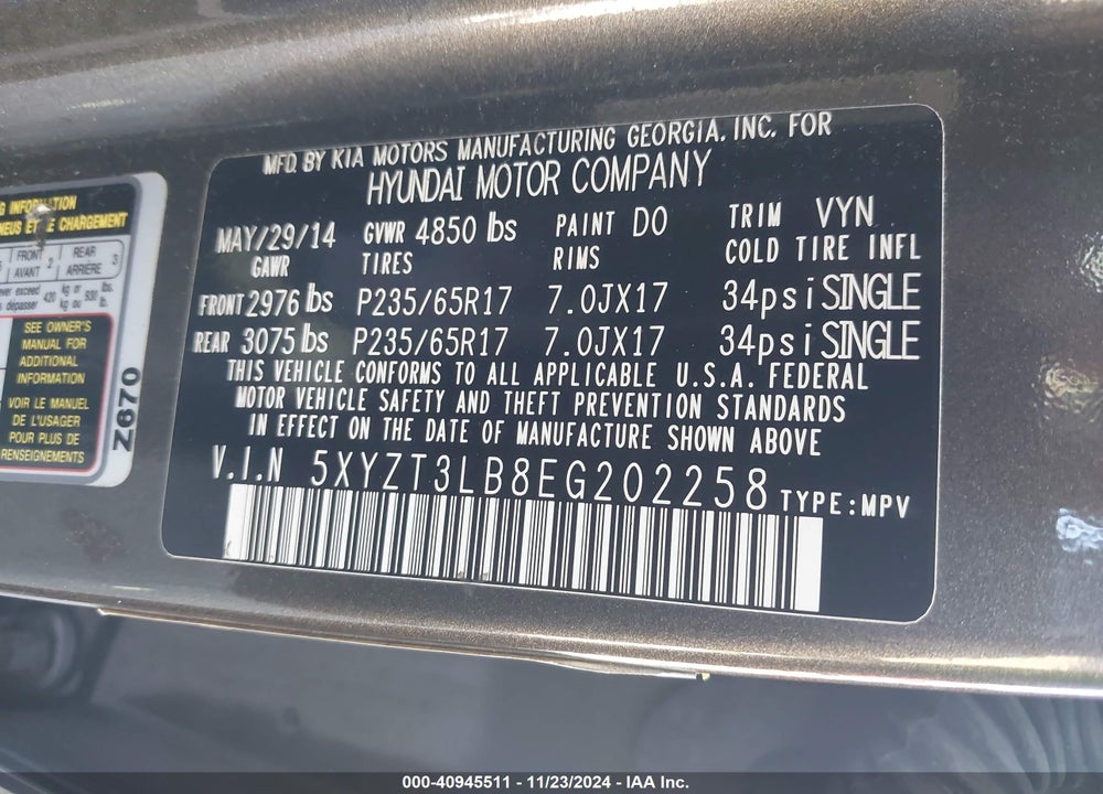 2014 HYUNDAI SANTA FE SPORT 2.4L VIN: 5XYZT3LB8EG202258