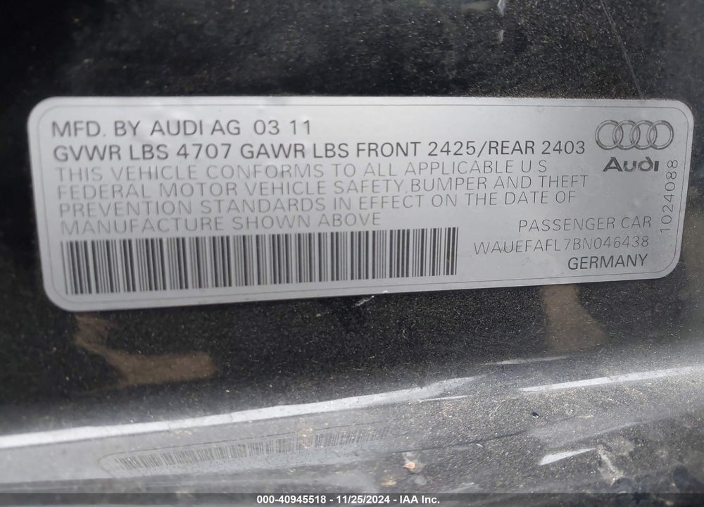 2011 AUDI A4 2.0T PREMIUM VIN: WAUEFAFL7BN046438