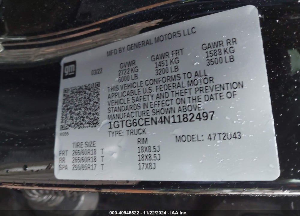 2022 GMC CANYON 4WD LONG BOX ELEVATION VIN: 1GTG6CEN4N1182497