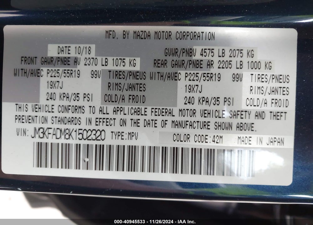 2019 MAZDA CX-5 GRAND TOURING VIN: JM3KFADM8K1502320