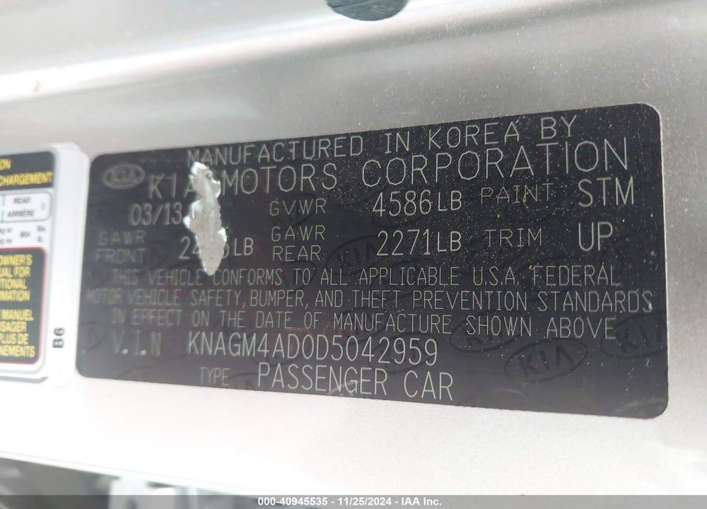 2013 KIA OPTIMA HYBRID EX VIN: KNAGM4AD0D5042959