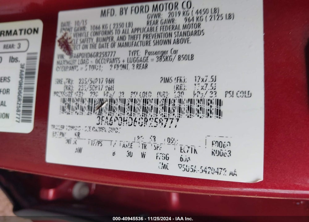 2016 FORD FUSION VIN: 3FA6P0HD6GR258777