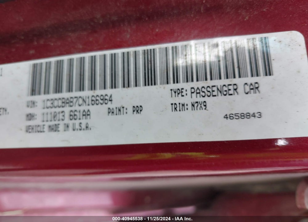 2012 CHRYSLER 200 LX VIN: 1C3CCBAB7CN166964