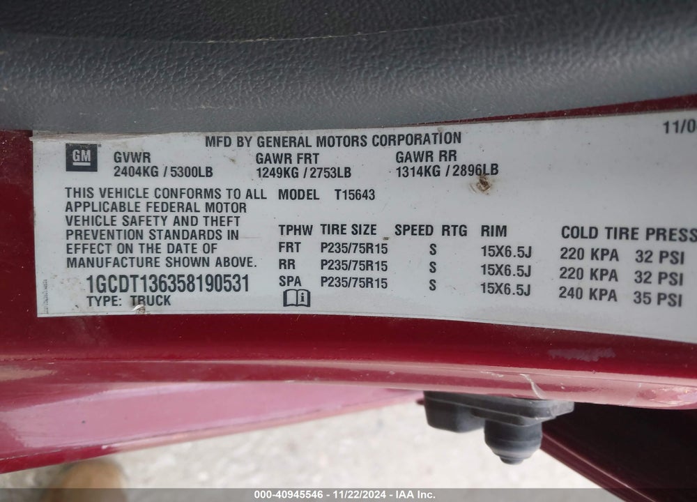 2005 CHEVROLET COLORADO LS VIN: 1GCDT136358190531