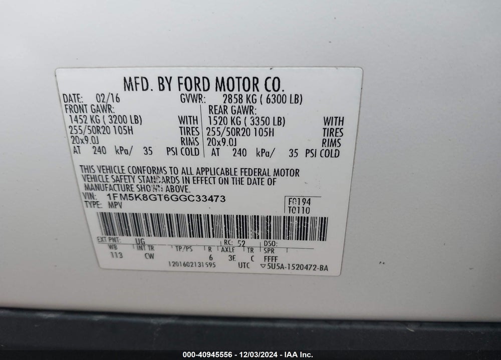 2016 FORD EXPLORER SPORT VIN: 1FM5K8GT6GGC33473