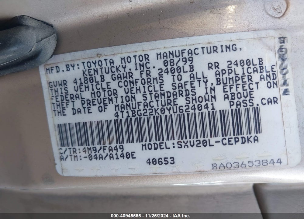 2000 TOYOTA CAMRY CE VIN: 4T1BG22K0YU624041
