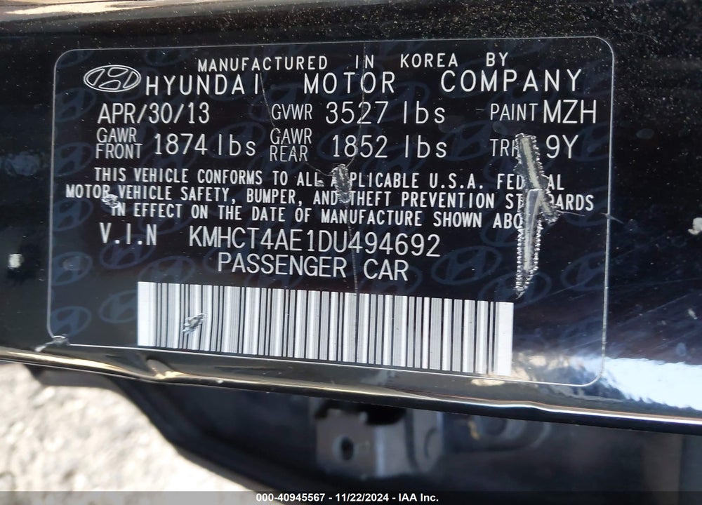 2013 HYUNDAI ACCENT GLS VIN: KMHCT4AE1DU494692