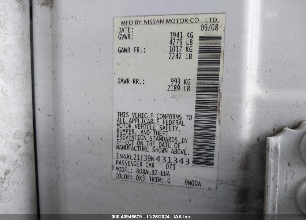 2009 NISSAN ALTIMA 2.5 S VIN: 1N4AL21E39N431343