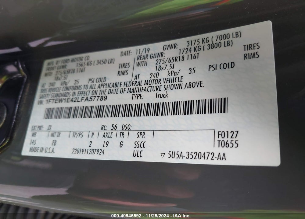 2020 FORD F150 VIN: 1FTEW1E42LFA57789
