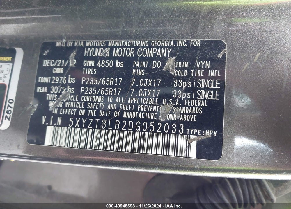 2013 HYUNDAI SANTA FE SPORT VIN: 5XYZT3LB2DG052033