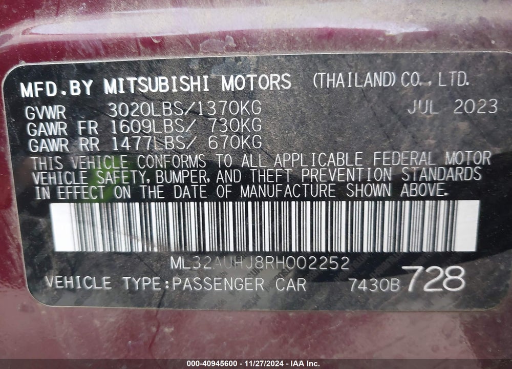 2024 MITSUBISHI MIRAGE VIN: ML32AUHJ8RH002252