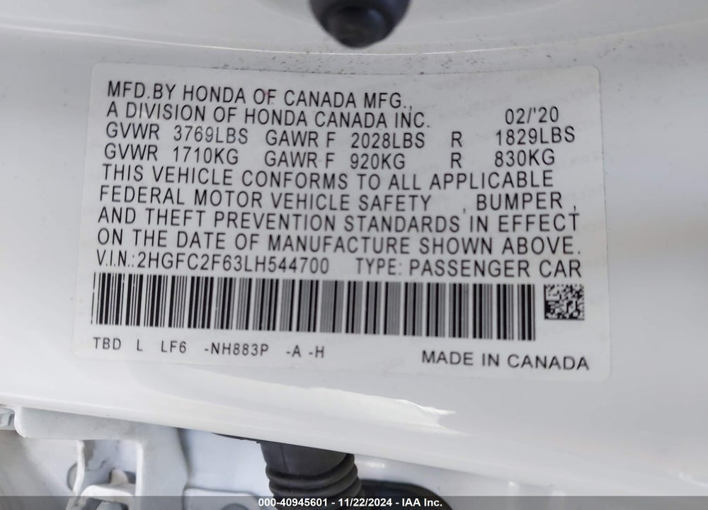 2020 HONDA CIVIC LX VIN: 2HGFC2F63LH544700