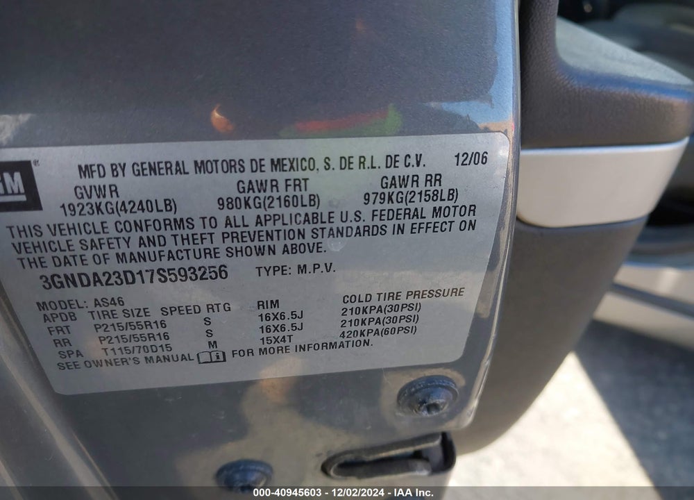 2007 CHEVROLET HHR LT VIN: 3GNDA23D17S593256
