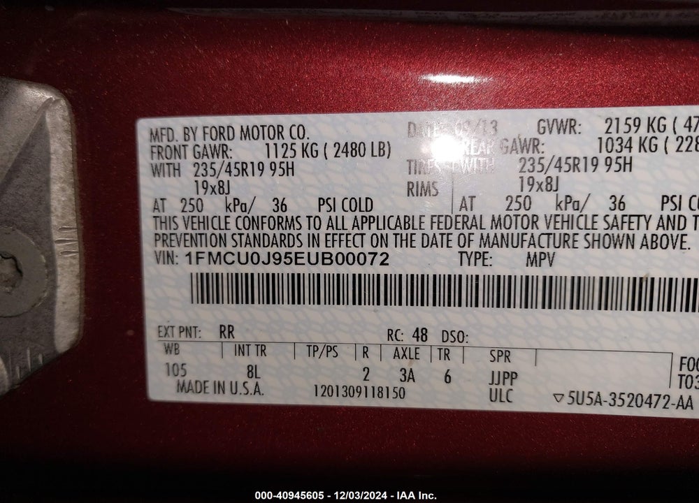 2014 FORD ESCAPE TITANIUM VIN: 1FMCU0J95EUB00072
