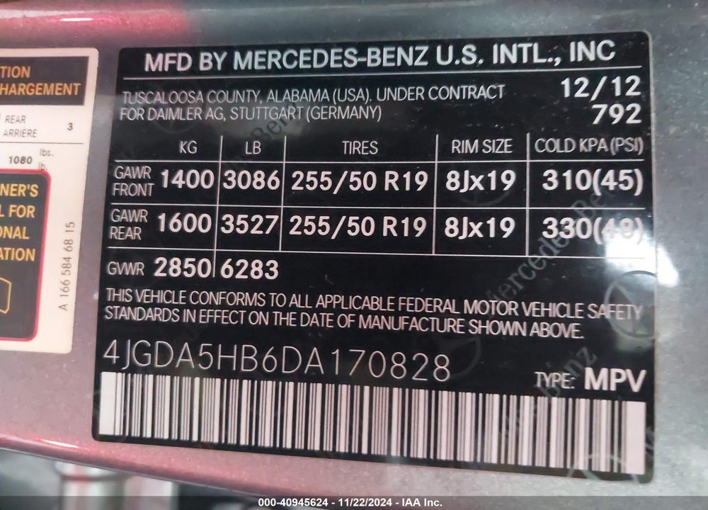 2013 MERCEDES-BENZ ML 350 4MATIC VIN: 4JGDA5HB6DA170828