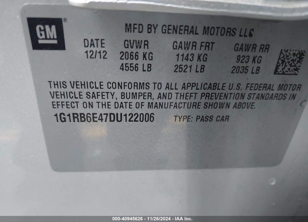 2013 CHEVROLET VOLT VIN: 1G1RB6E47DU122006