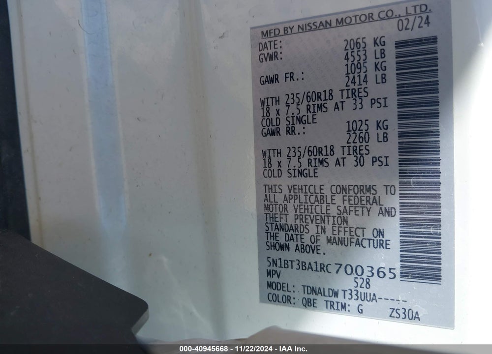 2024 NISSAN ROGUE SV FWD VIN: 5N1BT3BA1RC700365