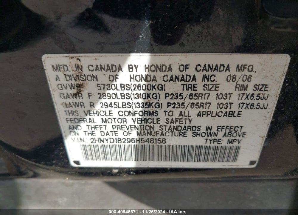 2006 ACURA MDX VIN: 2HNYD18296H548158
