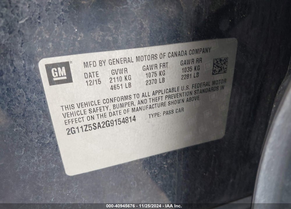 2016 CHEVROLET IMPALA VIN: 2G11Z5SA2G9154814