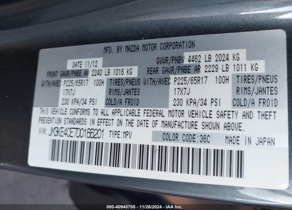 2013 MAZDA CX-5 TOURING VIN: JM3KE4CE7D0166201