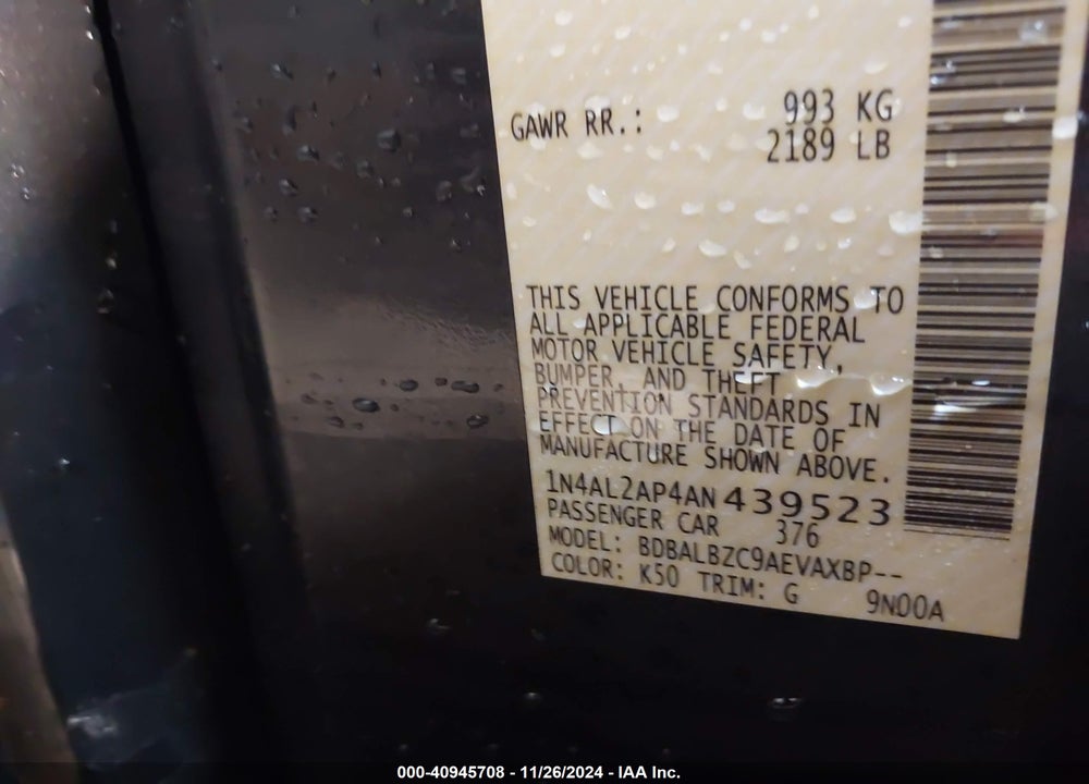 2010 NISSAN ALTIMA 2.5 S VIN: 1N4AL2AP4AN439523