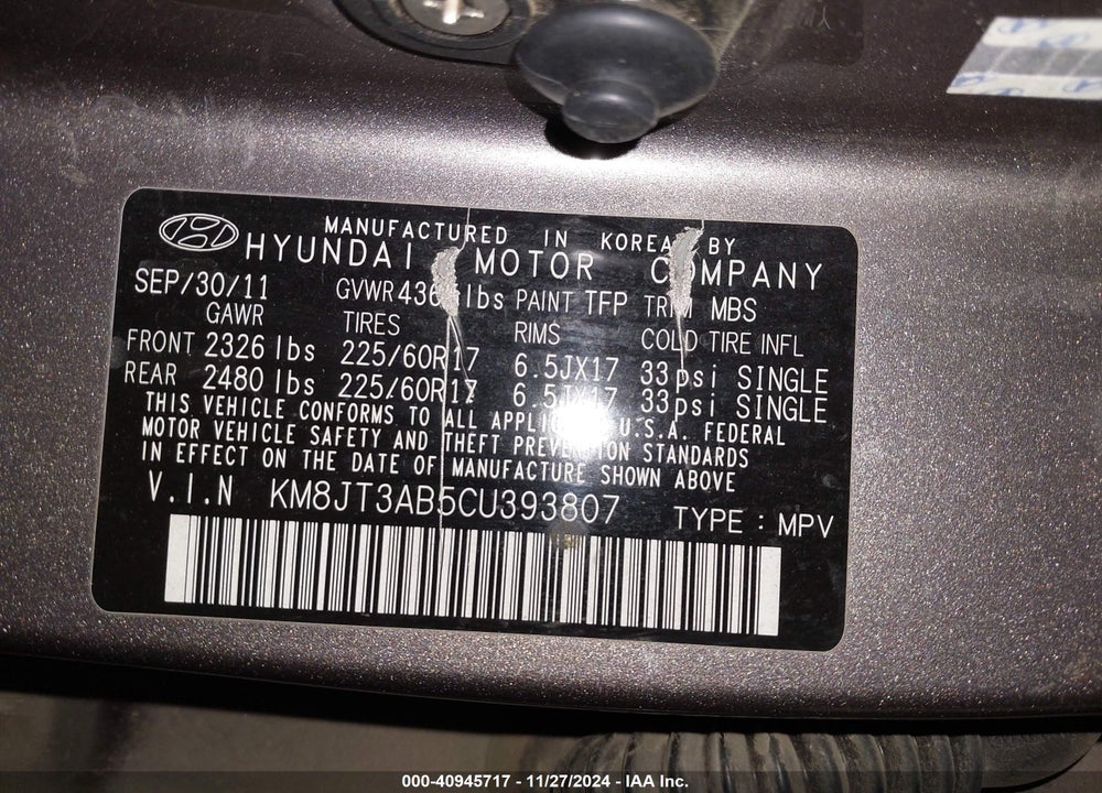 2012 HYUNDAI TUCSON GL VIN: KM8JT3AB5CU393807