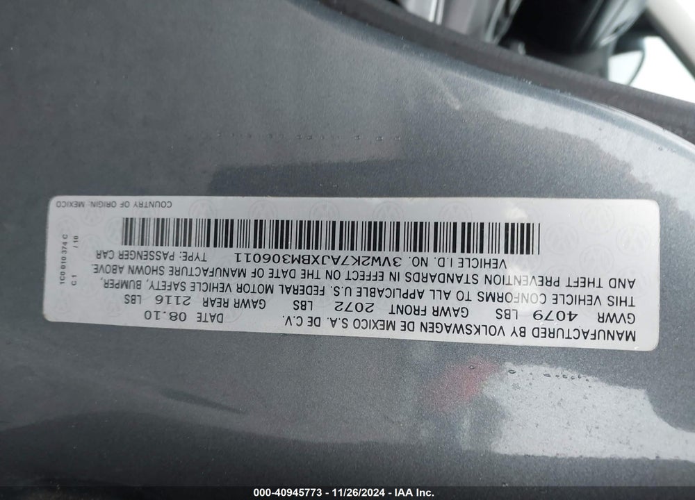 2011 VOLKSWAGEN JETTA 2.0L S VIN: 3VW2K7AJXBM306011