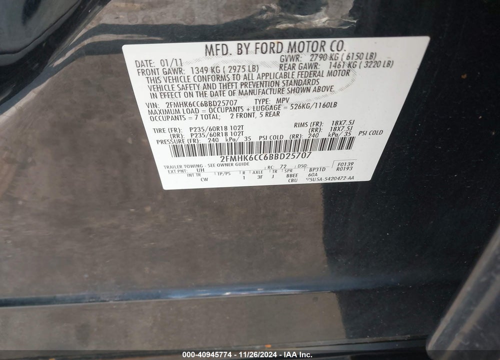 2011 FORD FLEX SEL VIN: 2FMHK6CC6BBD25707