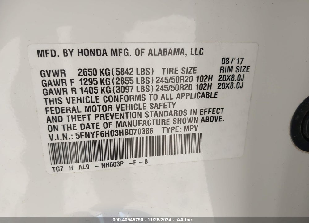 2017 HONDA PILOT ELITE VIN: 5FNYF6H03HB070386