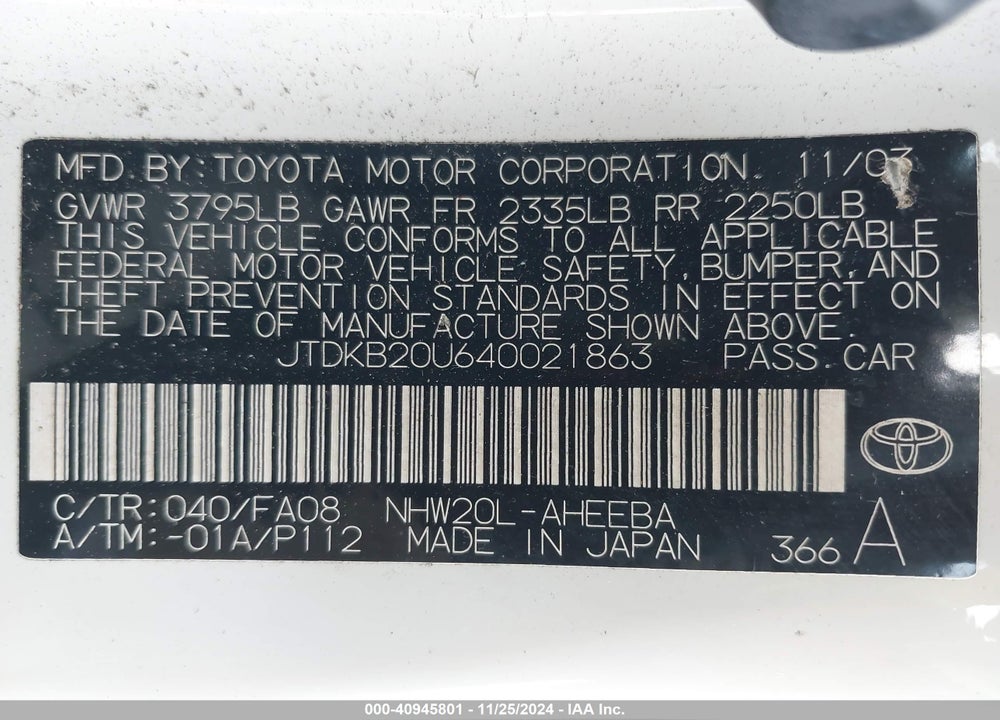 2004 TOYOTA PRIUS VIN: JTDKB20U640021863