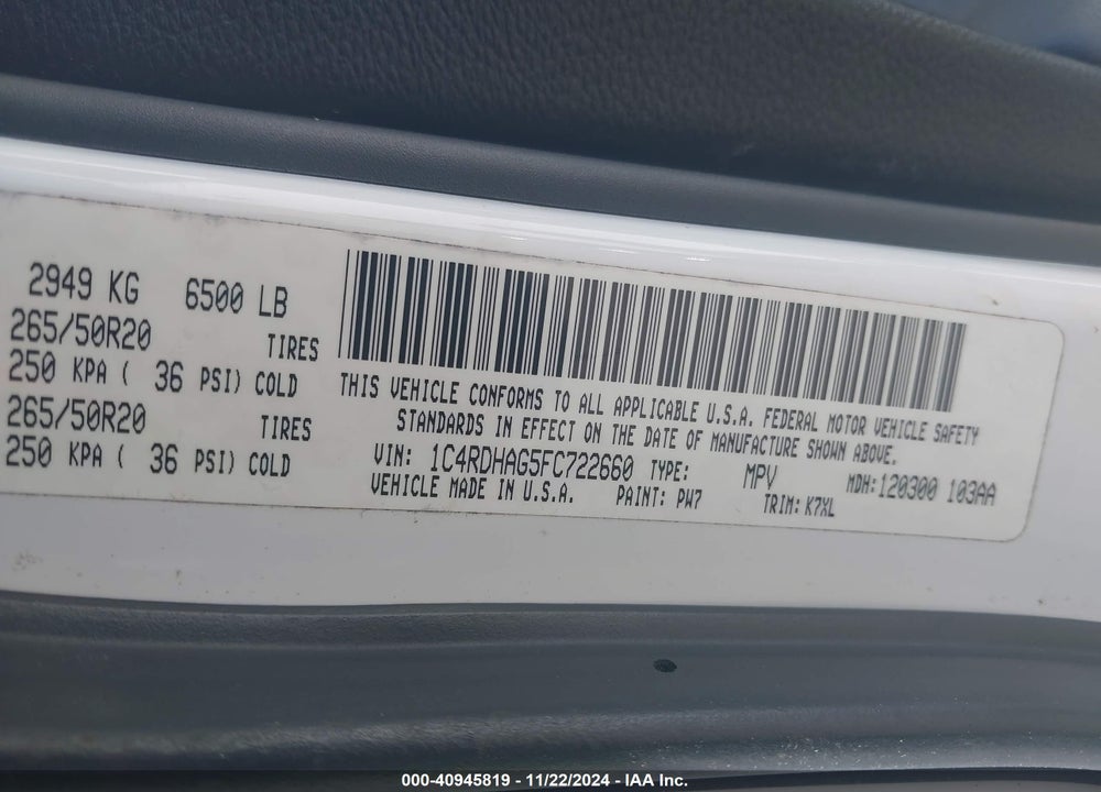 2015 DODGE DURANGO SXT VIN: 1C4RDHAG5FC722660