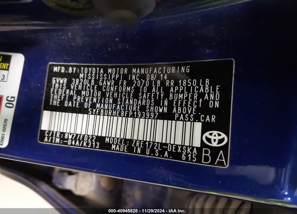 2015 TOYOTA COROLLA S VIN: 5YFBURHE8FP193997